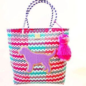 NWT Simply Southern Woven Purple Puppy Pink Pom Pom Big Tote